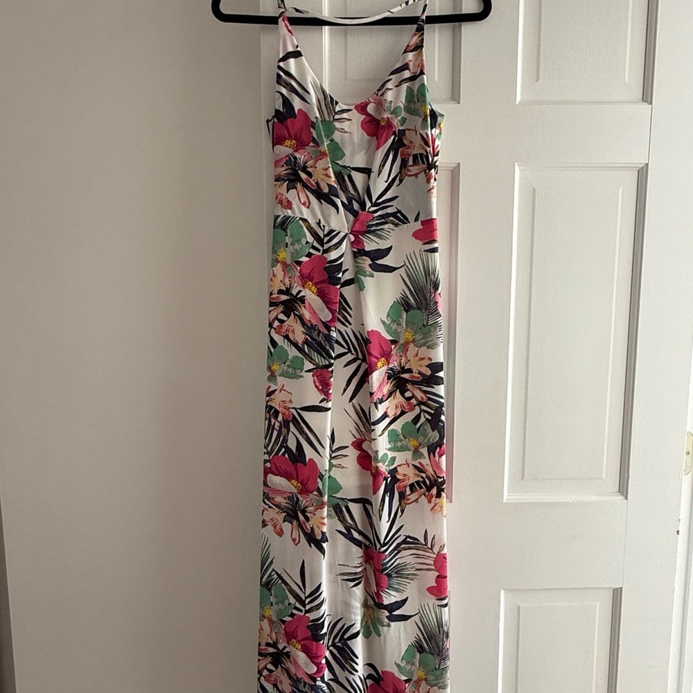 Tropical Floral Maxi Slip Dress in White & Pink